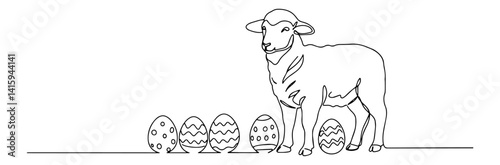 Continuous single line illustration of an Easter lamb standing beside decorated eggs