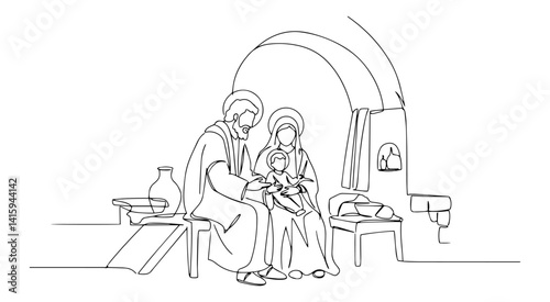 Continuous single line illustration of the Holy Family – Saint Joseph, Virgin Mary and Child Jesus at Nazareth home