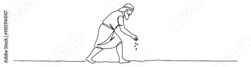 Minimal continuous line drawing of the biblical sower scattering seed on fertile ground