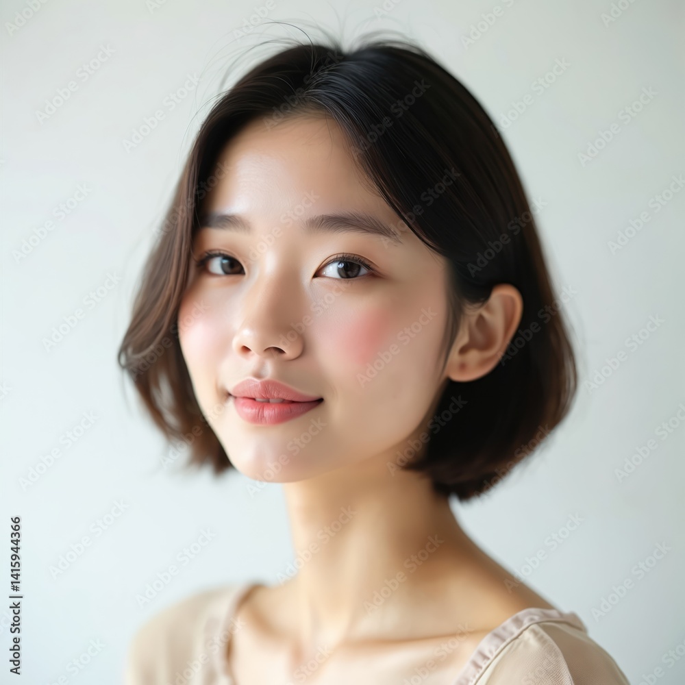Young Asian woman with fresh skin short hair bobtail style smiles gently. Beauty portrait of attractive, healthy female. Clean skin, makeup, natural features, cosmetology, health and wellness concept. Young Asian woman with fresh skin short hair bobtail style smiles gently. Beauty portrait of attractive, healthy female. Clean skin, makeup, natural features, cosmetology, health and wellness concept.