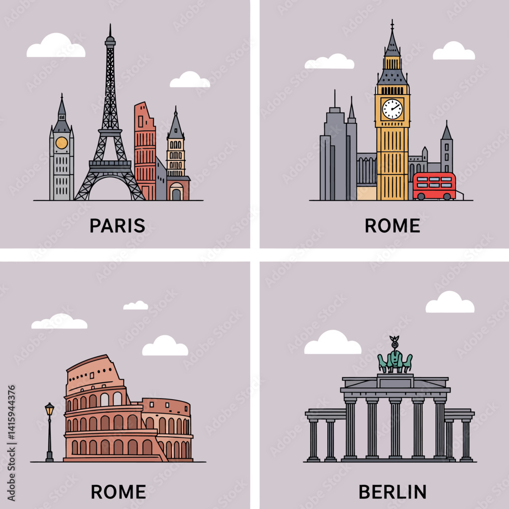 Fototapeta premium Iconic European landmarks flat design featuring Eiffel Tower, Big Ben, Colosseum, and Brandenburg Gate vector illustration