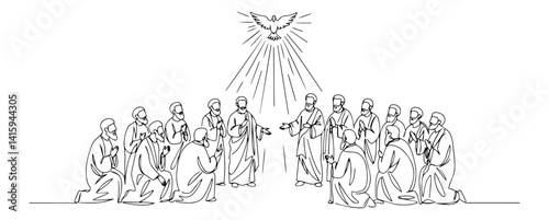 the descent of the holy spirit on apostles, drawn in religious line art style, black and white vector