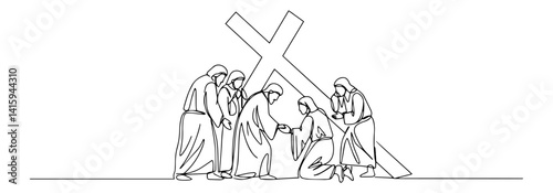 scene of jesus falling under the weight of the cross, black and white religious vector drawing
