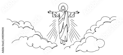 Continuous single line illustration of the Ascension of Jesus Christ rising above radiant clouds