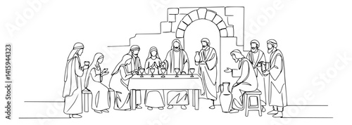 One line art of the Last Supper – Jesus Christ with twelve apostles around the Passover table
