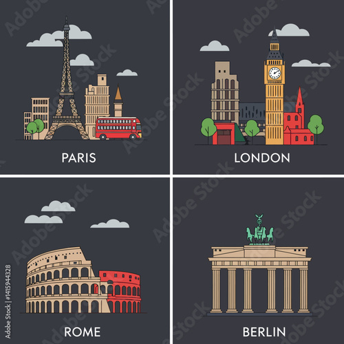 Famous European city landmarks flat design with Eiffel Tower Big Ben Colosseum Brandenburg Gate vector illustration