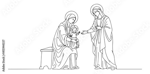 Φωτογραφία Minimal continuous line drawing of Saint Anne greeting the Virgin Mary holding b