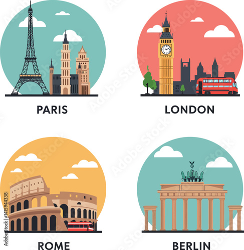 Famous European landmarks flat design with Eiffel Tower Big Ben Colosseum Brandenburg Gate vector illustration