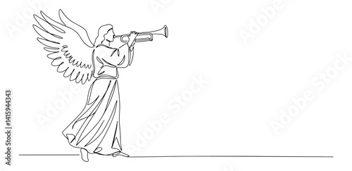 Single line illustration of an angel blowing a trumpet heralding divine proclamation
