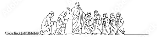 Continuous line drawing of Jesus Christ blessing kneeling apostles in humble reverence