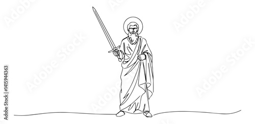 Continuous single line illustration of Saint Paul the Apostle holding a raised sword of the Spirit