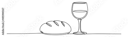 Minimal single line illustration of Eucharist symbols – loaf of bread and chalice of wine