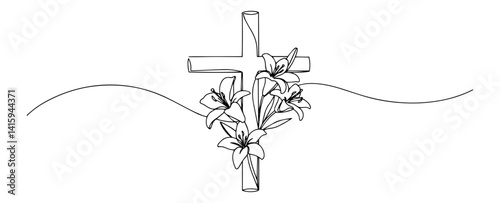Continuous line art of a Christian cross adorned with blooming Easter lilies and ribbon
