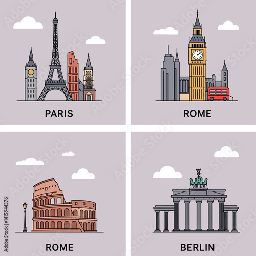Iconic European landmarks flat design featuring Eiffel Tower, Big Ben, Colosseum, and Brandenburg Gate vector illustration