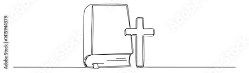 Single line drawing of a Holy Bible standing beside a small upright cross symbol