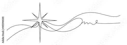 one line drawing of shining star with decorative swirl, symbolic christmas vector