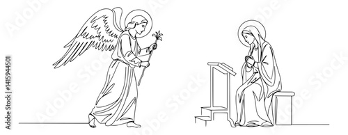 Continuous line Annunciation – Archangel Gabriel offering a lily to the Virgin Mary