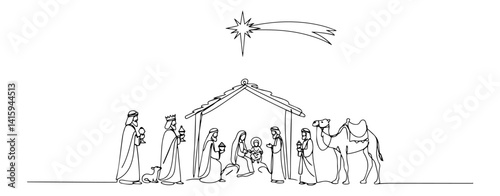 Minimal single line nativity scene with Wise Men visiting baby Jesus under the Bethlehem star
