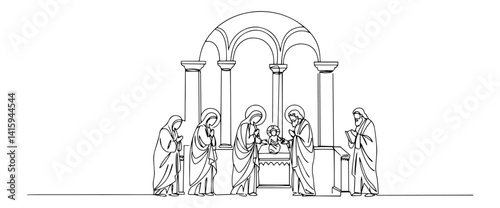 Continuous line drawing of the Presentation of Jesus at the Temple with Simeon holding the infant Christ