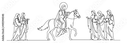 Single line illustration of the triumphal entry of Jesus into Jerusalem riding a donkey on Palm Sunday