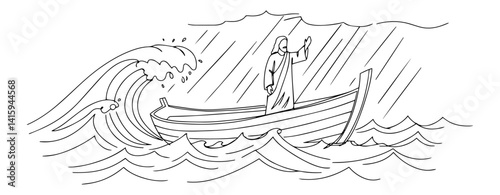 Continuous line drawing of Jesus calming the raging storm on the Sea of Galilee from a small boat