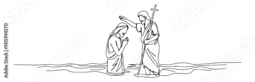 Continuous single line art illustration of John the Baptist baptizing Jesus Christ in the Jordan River