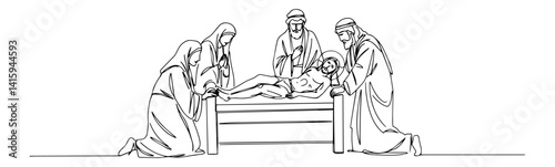 Biblical mourning at bed — monoline vector