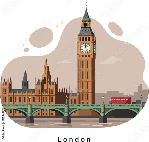 Big Ben and Houses of Parliament in detailed flat design with Westminster Bridge London vector illustration