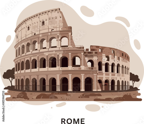 Historic Roman Colosseum architecture with detailed arches and weathered stone in flat style vector illustration