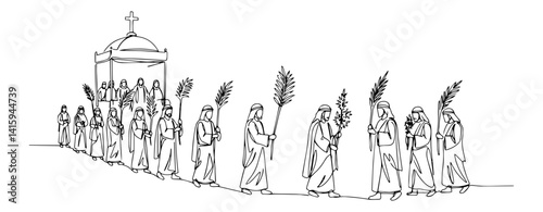 Minimalist one line drawing of a religious procession carrying palms
