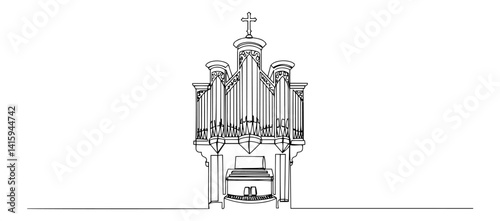 One line drawing of a large church pipe organ in minimalist style