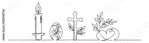 Religious symbols line art vector — candle, cross, heart