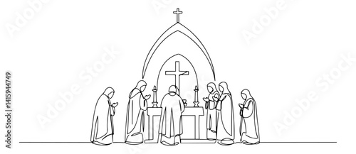 priests celebrating mass at altar, hand drawn christian vector with sacred architecture and cross