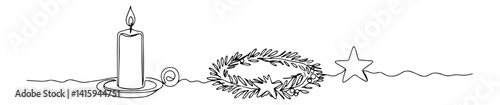 minimalist advent illustration with candle, wreath and star, outline vector for christmas design