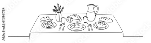 hand drawn food table with plates and drinks, minimalist line art vector for festive scenes