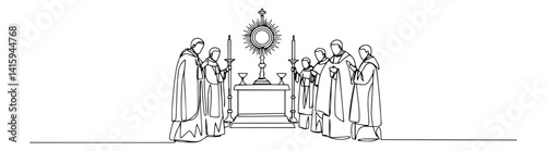 priests in eucharistic adoration, line art vector of catholic ritual and holy mass celebration