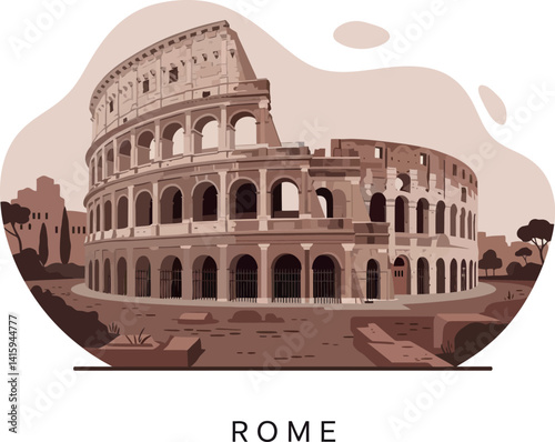 Ancient Roman Colosseum architecture detailed flat design with historic ruins and trees vector illustration