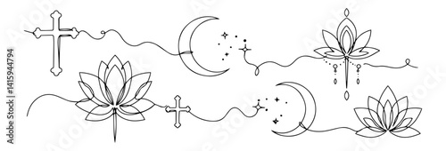 vector of cross, moon, lotus and stars in spiritual symbolic style, hand drawn black and white line art