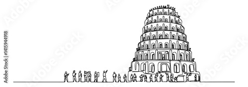 tower of babel with people at base, line art biblical vector, symbol of language and unity