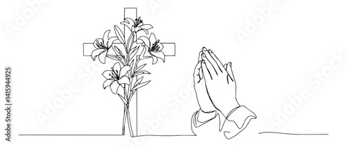 cross with lilies and hands praying minimal vector