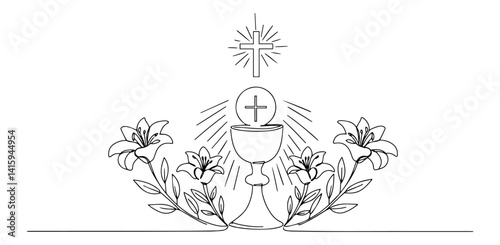 eucharist chalice with host and lilies in line art style, christian sacrament vector illustration