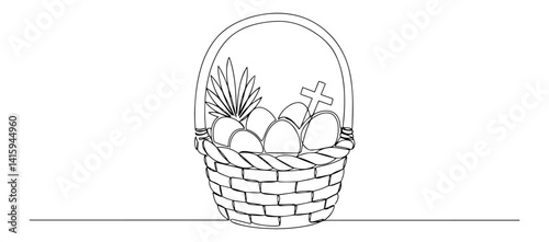 easter basket with decorated eggs, palm leaf and cross in line art, christian holiday vector
