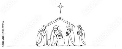  vector nativity scene with three wise men, mary, joseph and baby jesus in line art style