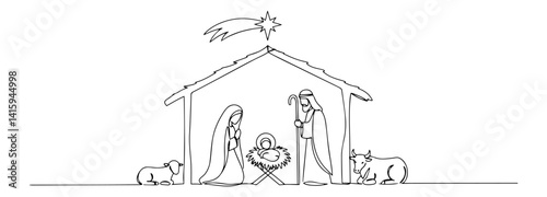 christmas nativity scene vector in line art style with mary, joseph, baby jesus and animals under star