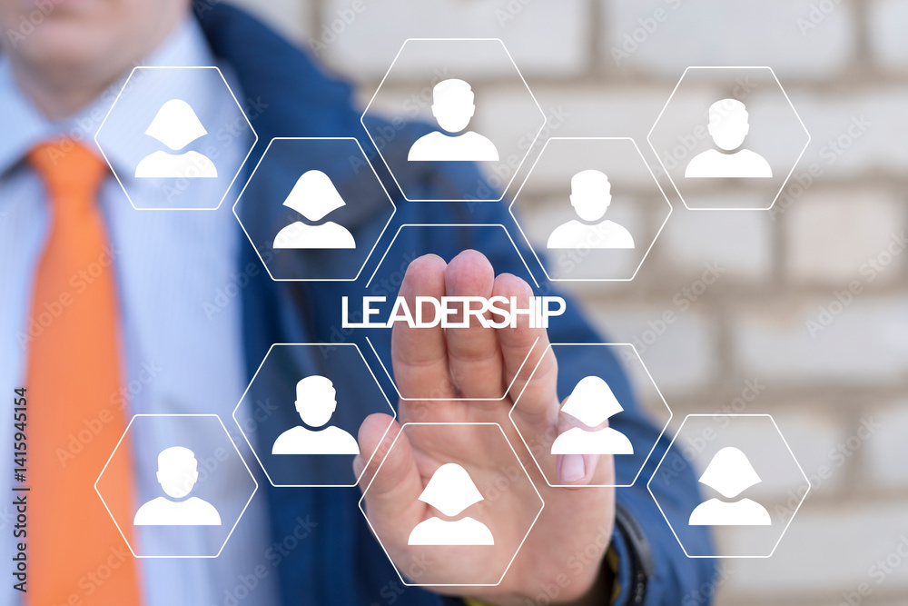 Business person using virtual touch screen push word: LEADERSHIP. Project Leadership Personnel Management Business Financial concept.