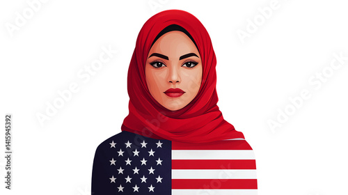 Woman wearing a red hijab is depicted with a partial American flag pattern against a plain black background.