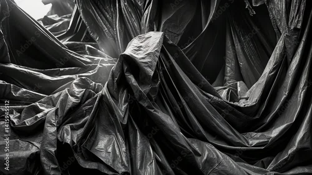 Monochrome video showing tarpaulin folds draped over objects
