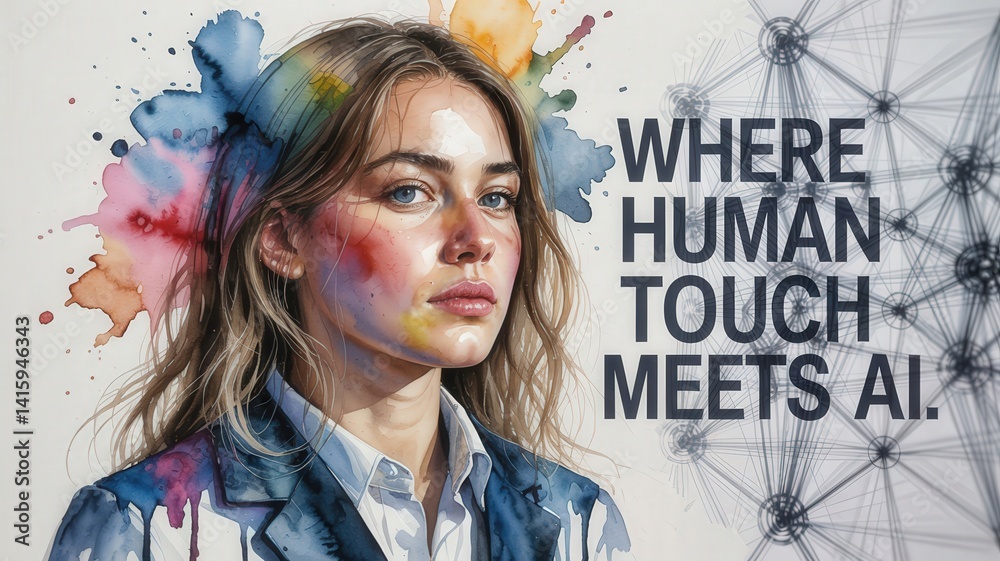 Artistic portrait of a woman with watercolor effects and text