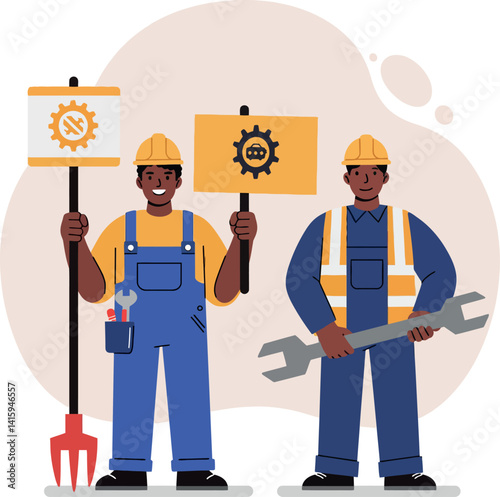 Two male construction workers holding tools and safety signs in flat design vector illustration