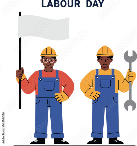 Two construction workers in helmets holding flag and wrench celebrating Labour Day flat design vector illustration
